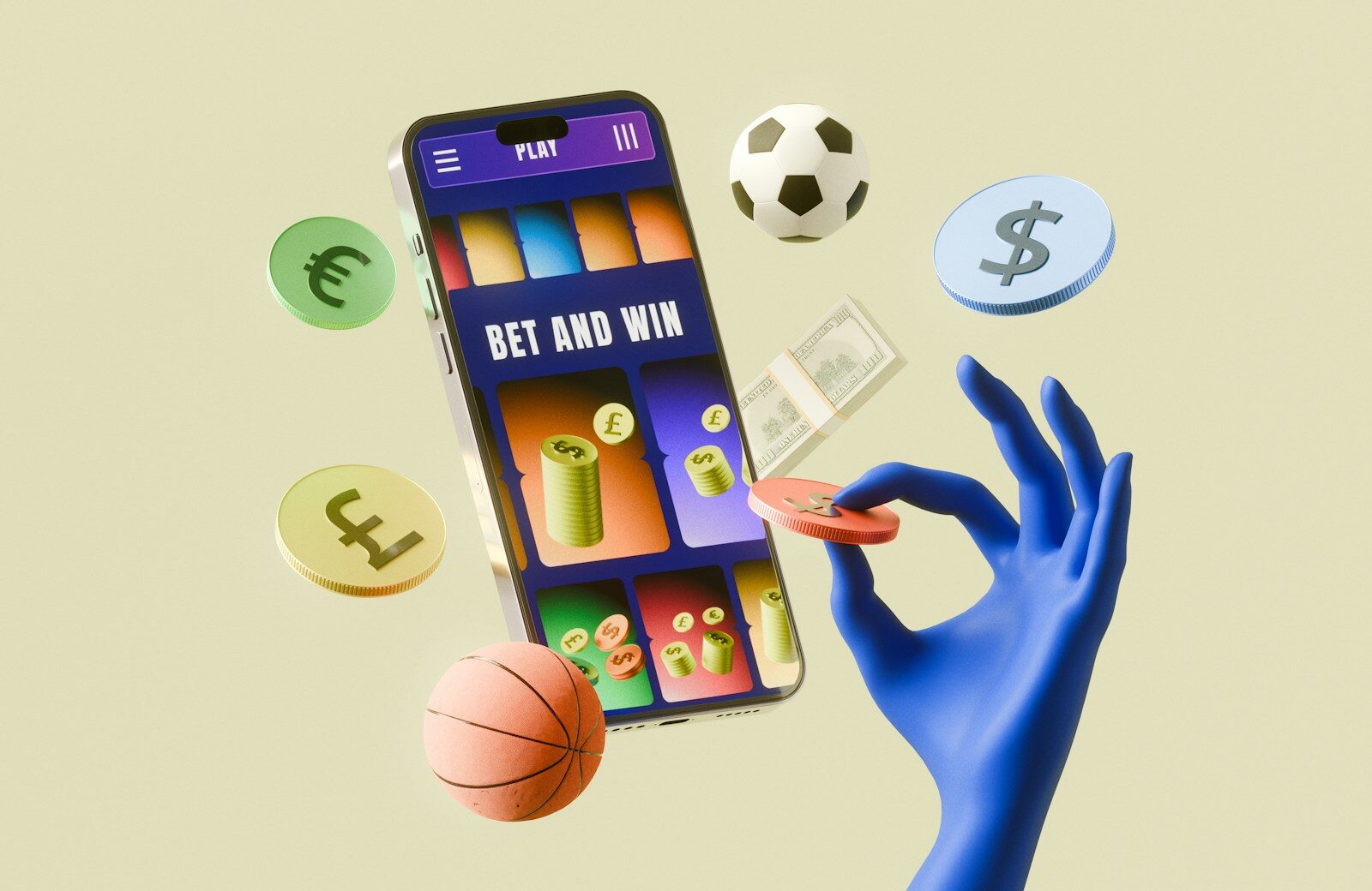 Online sports betting with smartphone, money, and game elements